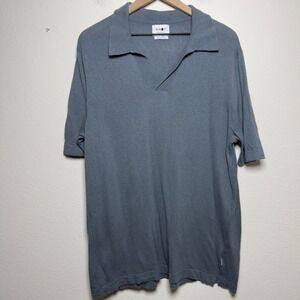 No Nationality Men Polo Linen Cotton Camp Shirt XL Blue Short Sleeve Open Collar